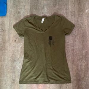 Olive green V neck, white American flag